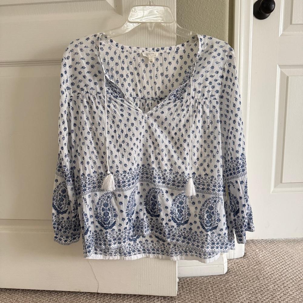 Soft Joie Womens White Cotton V-Neck Floral Print Long Sleeve Blouse Top Size XS